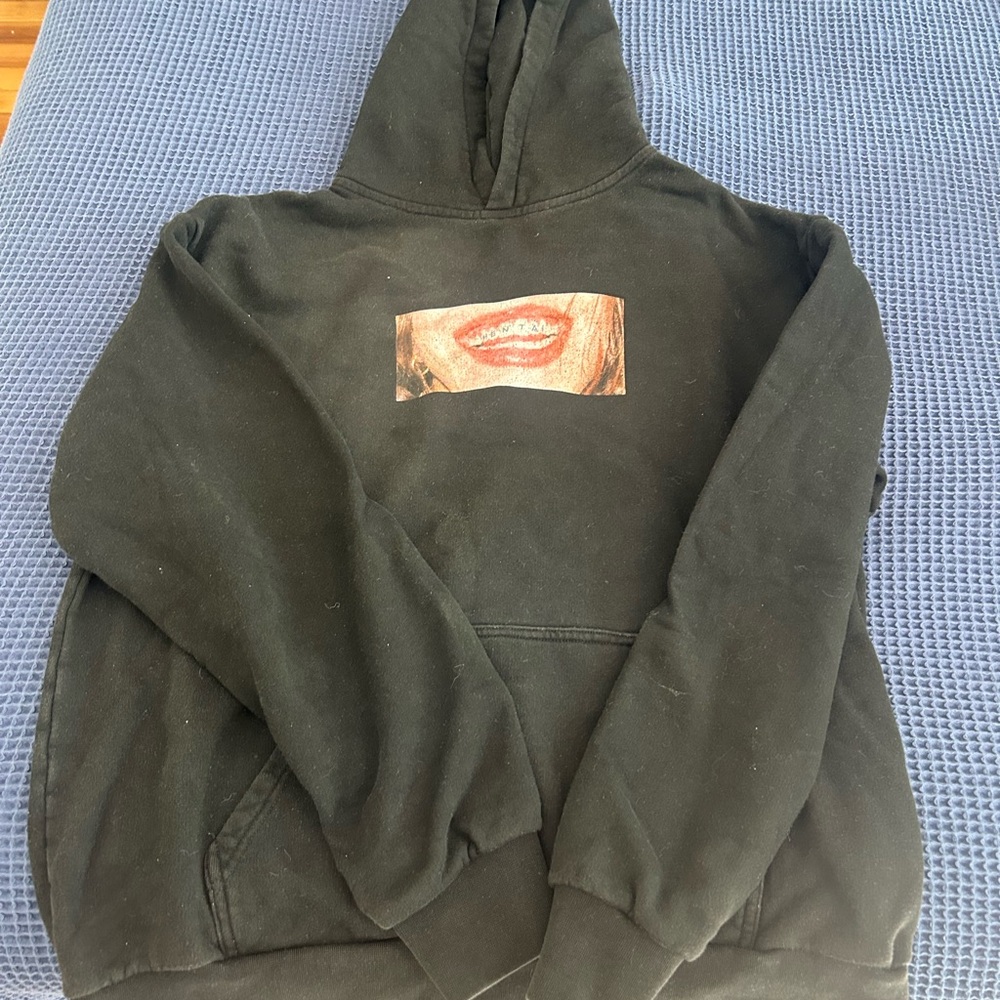 Rosalia Black Graphic Hoodie with Smiling Lips Print